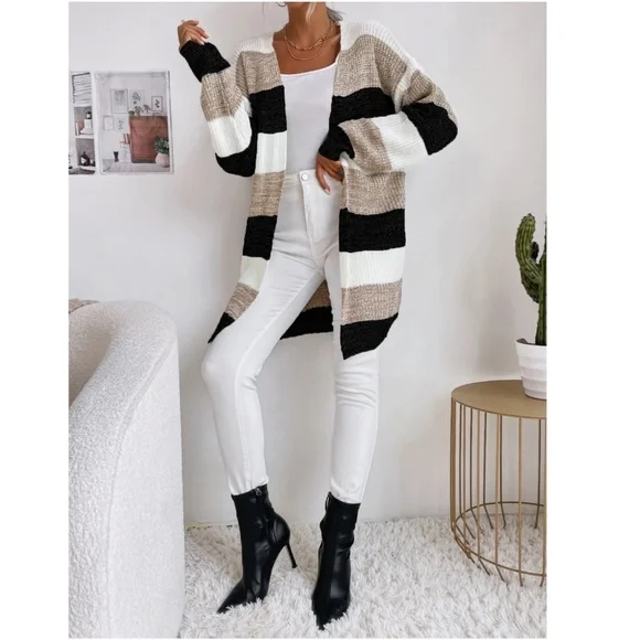 Colorblock Stripes Open Knit Cardigan Knee Length - Picture 5 of 8